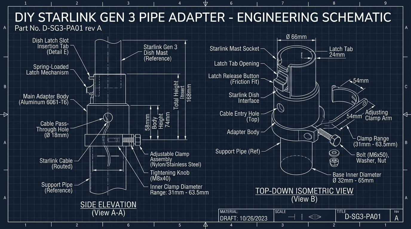 Tehnička skica DIY adaptera za cijev prema službenim dimenzijama