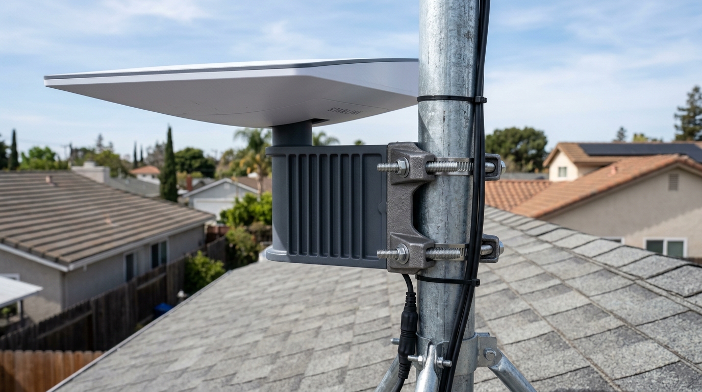 Starlink Gen 4 antena montirana na metalni stup pomoću adaptera za cijev