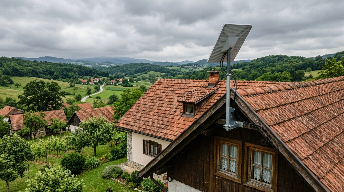 Starlink Gen 4 Standard antena montirana na krovu obiteljske kuće u Hrvatskoj