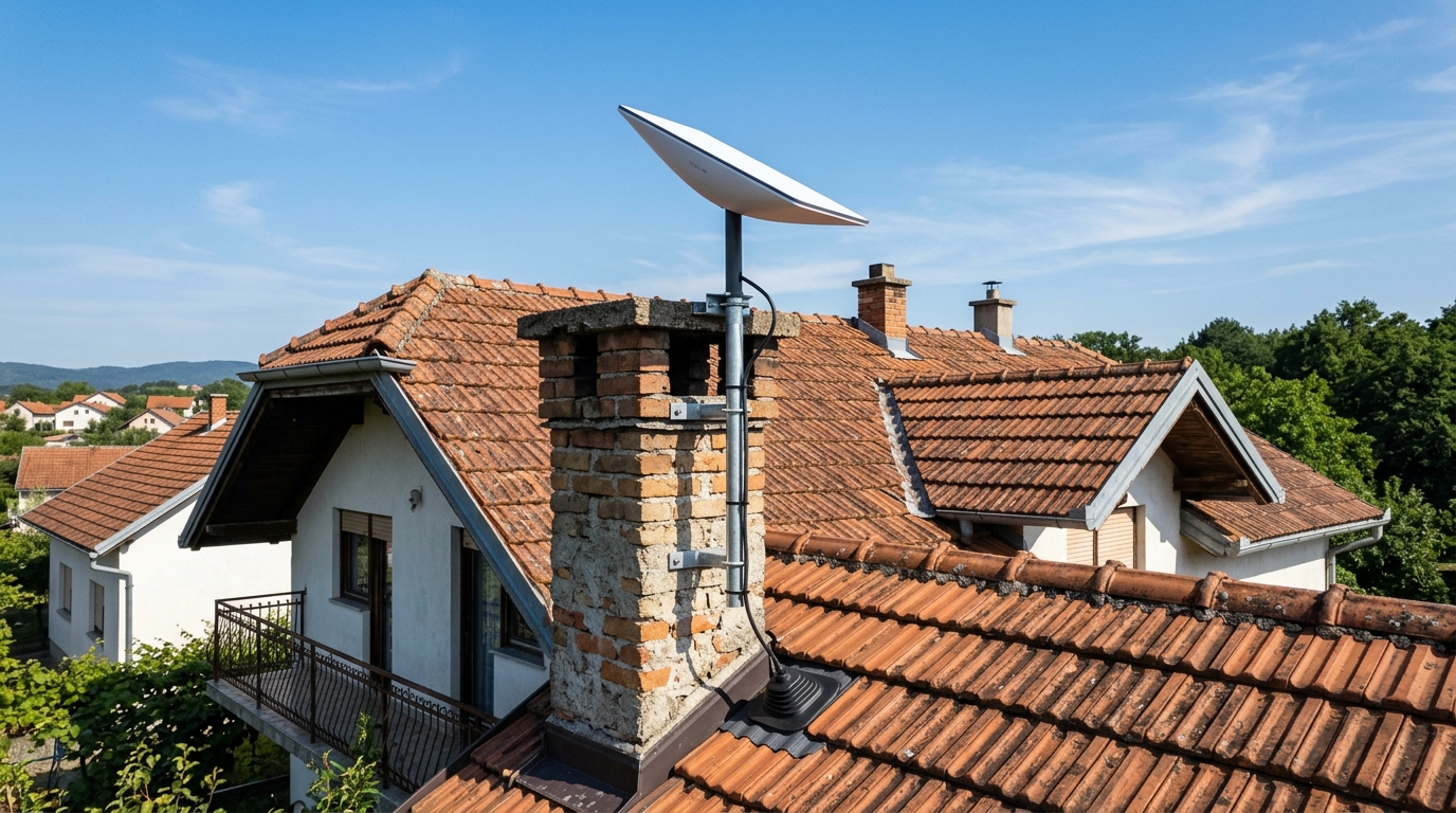 Starlink Standard antena montirana na metalni stup na krovu obiteljske kuće