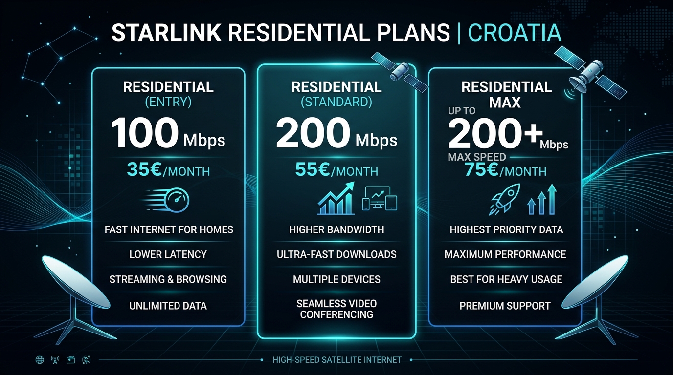 Usporedba novih Starlink stambenih paketa i cijena u Hrvatskoj: 100 Mbps, 200 Mbps i MAX