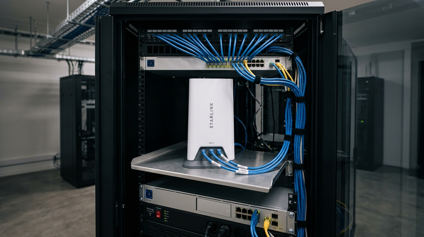 Instalacija Starlink rutera i mrežnog preklopnika u poslovnom uredu za stabilnu lokalnu mrežu