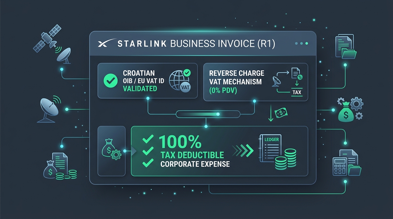 Infografika knjiženja Starlink R1 računa u Hrvatskoj uz OIB, porezno priznat trošak i prijenos porezne obveze reverse charge