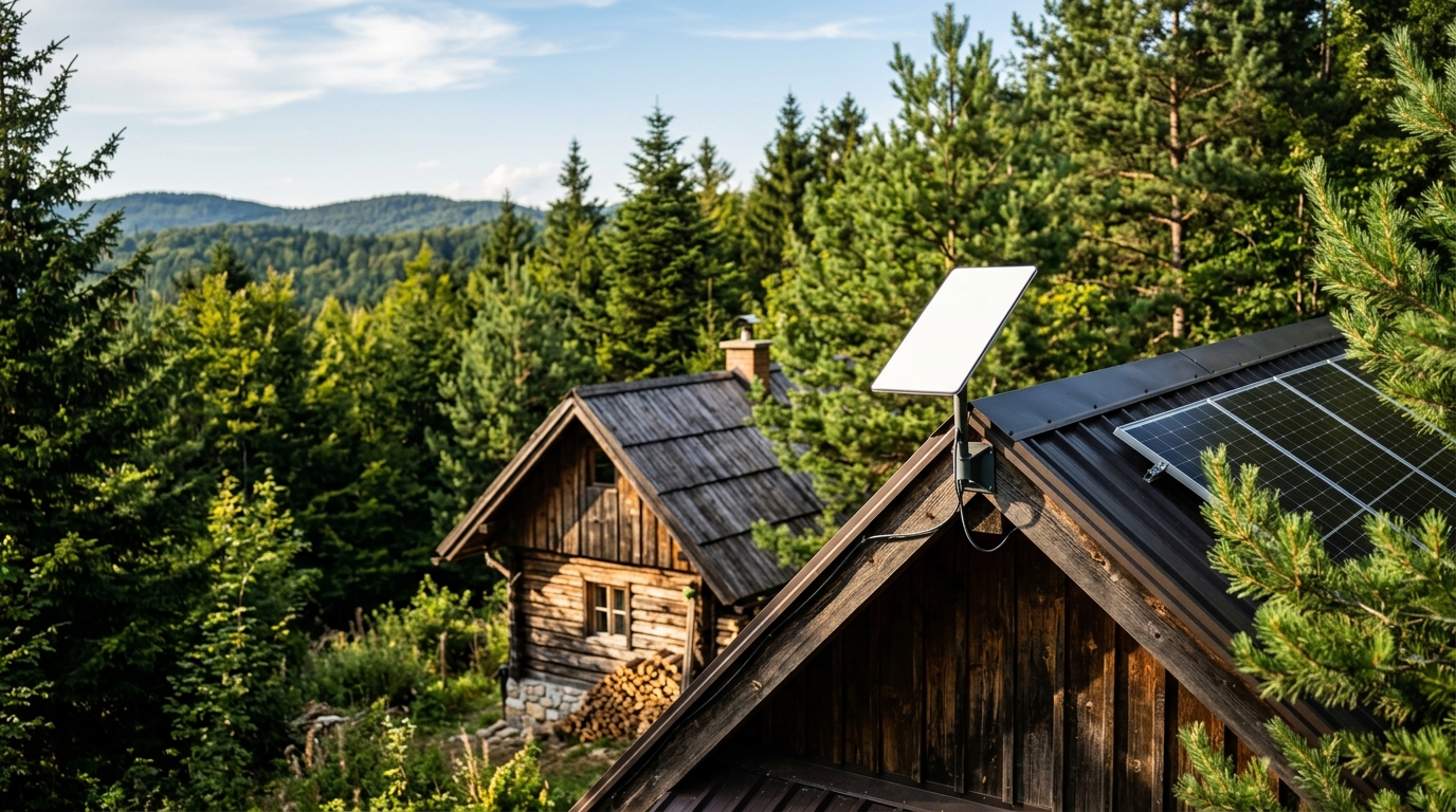 Starlink Gen 4 antena montirana na drvenoj vikendici sa solarnim panelima