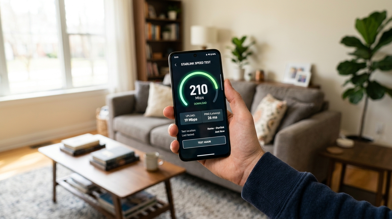 Mjerenje brzine Starlink aplikacije na mobitelu s brzinom od 210 Mbps i pingom od 26ms