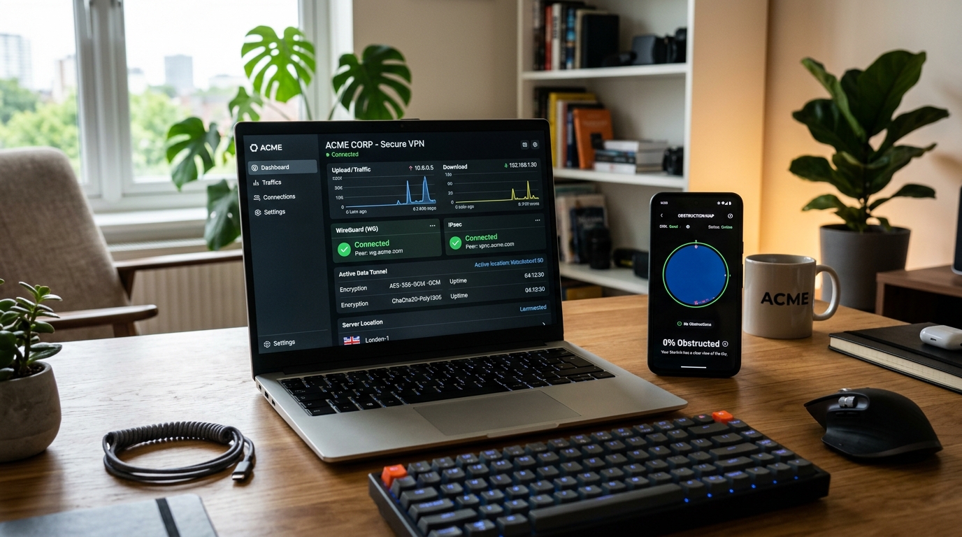Korporativni VPN tunel i Starlink aplikacija s prikazom prepreka na nebu