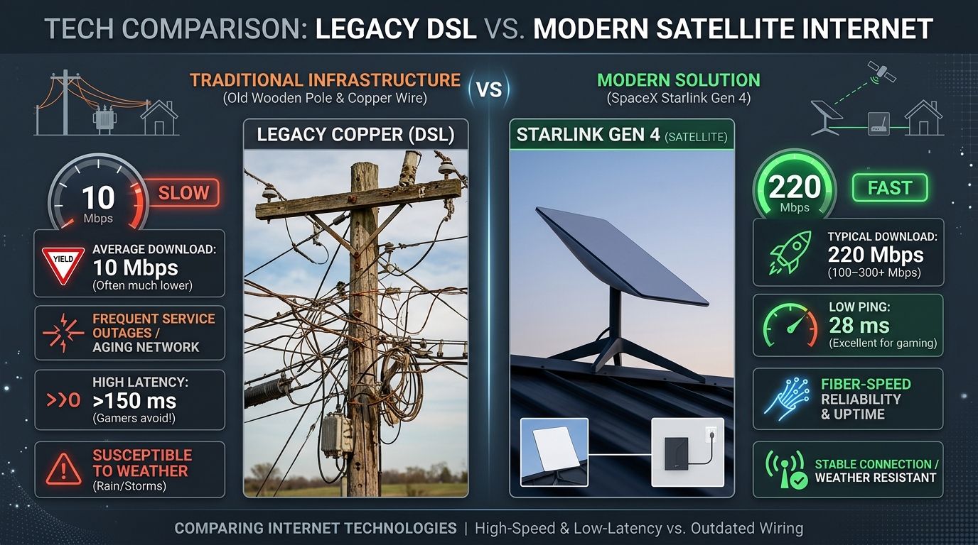 Usporedba stare bakrene infrastrukture i modernog Starlink Gen 4 satelitskog sustava